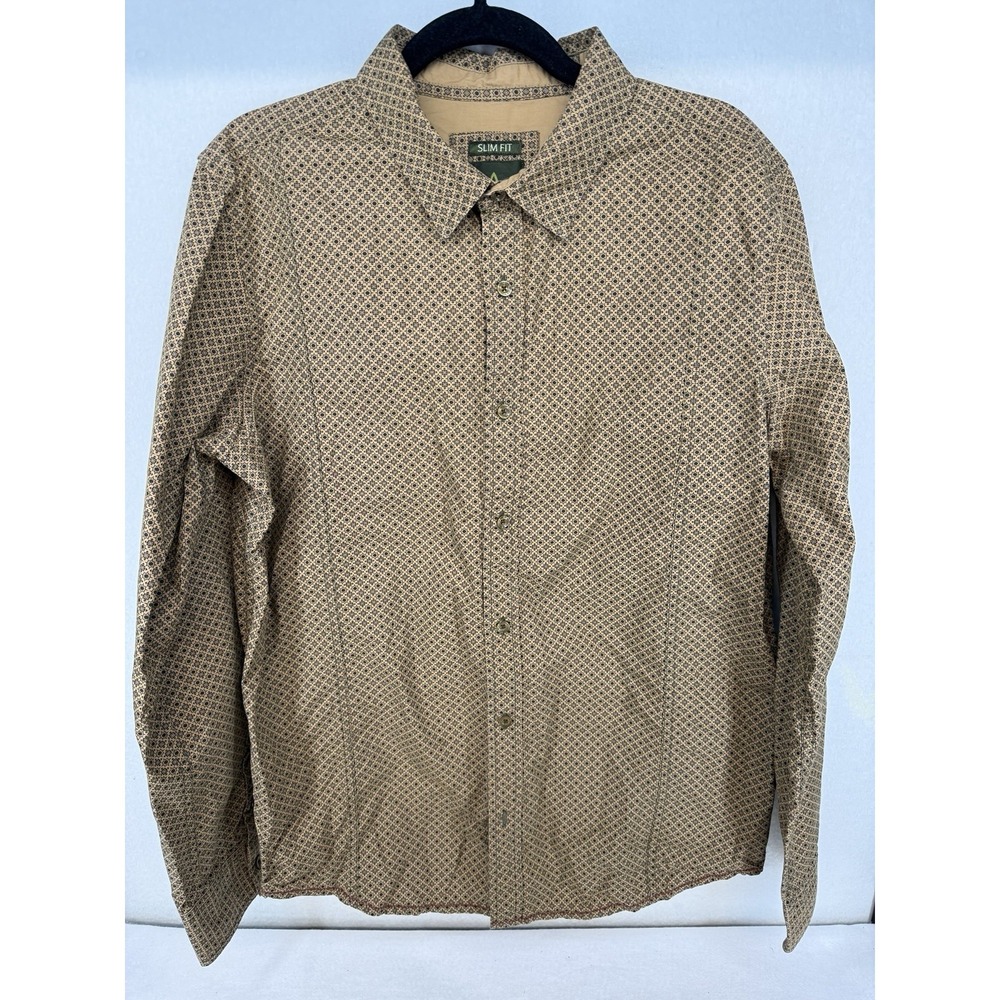 prAna Men's Slim Fit Brown Geometric Organic Cotton Long Sleeve Button Down Sz L